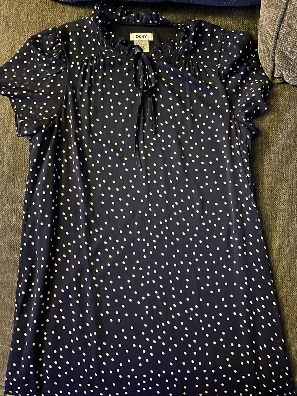 DKNY Navy and White Polka Dot Tie-Front Blouse